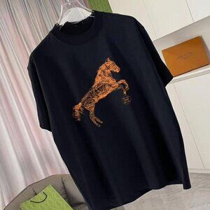 Abstract Orange Wireframe Horse Graphic Black T-shirt